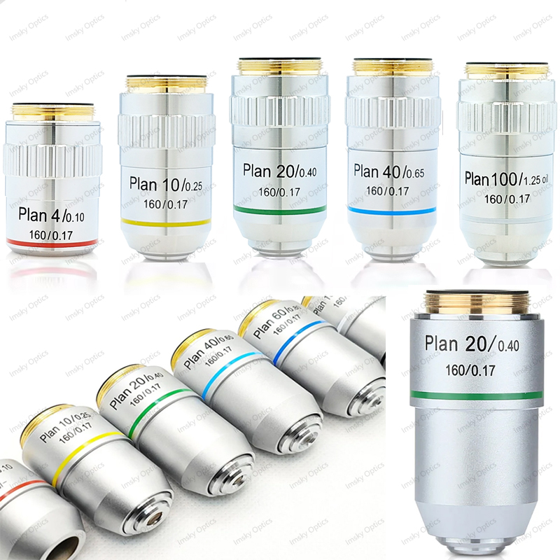 Lente objetivo acromática de Plan de microscopio 4X 10X 20X 40X 100X objetivos de microscopio metalúrgico biológico rosca de 20,2 RMS