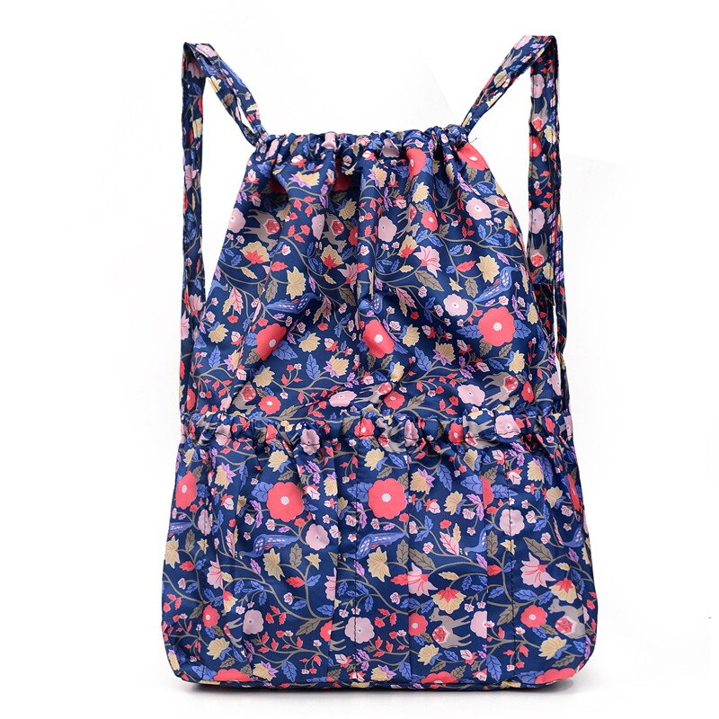 Drawstring Backpack Women, Lady Nylon Backpacks Large Capacity, Floral Backpacks Printings Shopping Bags For Travel And Fitness