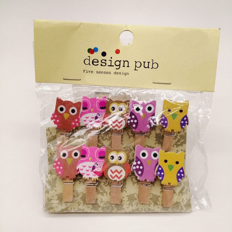 10pcs/bags Clothes Clip Wooden Clips 35mm Decoration Craft Natural Pegs Mini Clothespin Wooden Clip for Clothes Hair Accessories: owl