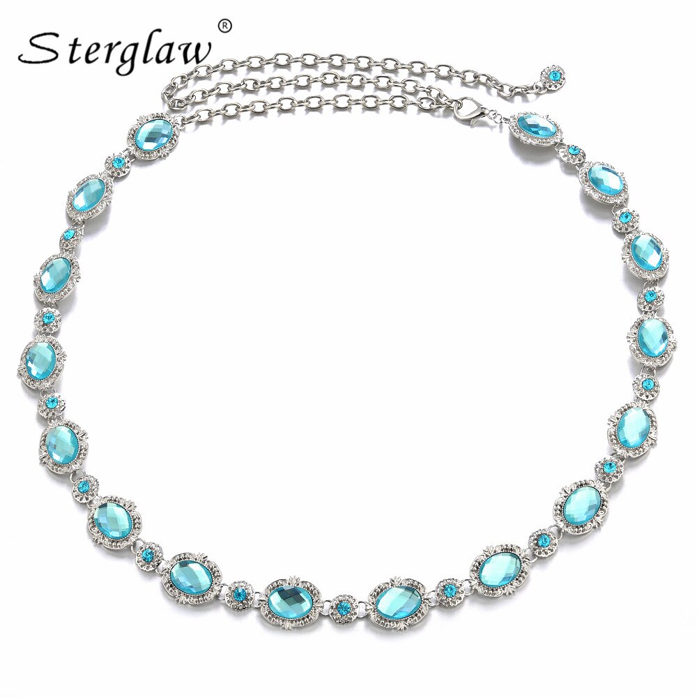 Lady blue rhinestone gem waist chain belt for Women's Crystal Slimming Belt female dresses belts ceinture F088