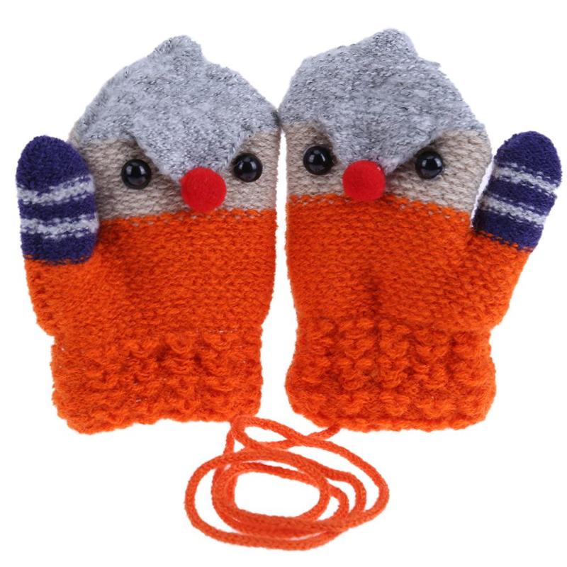 Vinter söt tecknad fågel barn stickad elastisk fleece tjocka handskar: Orange