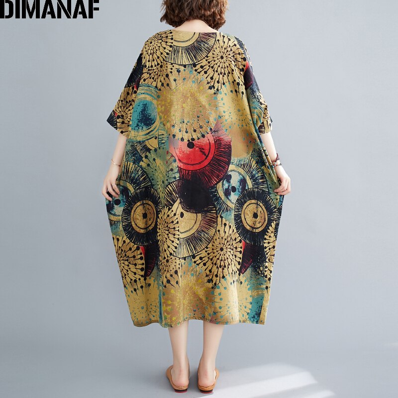 DIMANAF-Vestido largo holgado de talla grande para mujer, ropa de playa de verano, Lino estampado, talla grande 5XL y 6XL