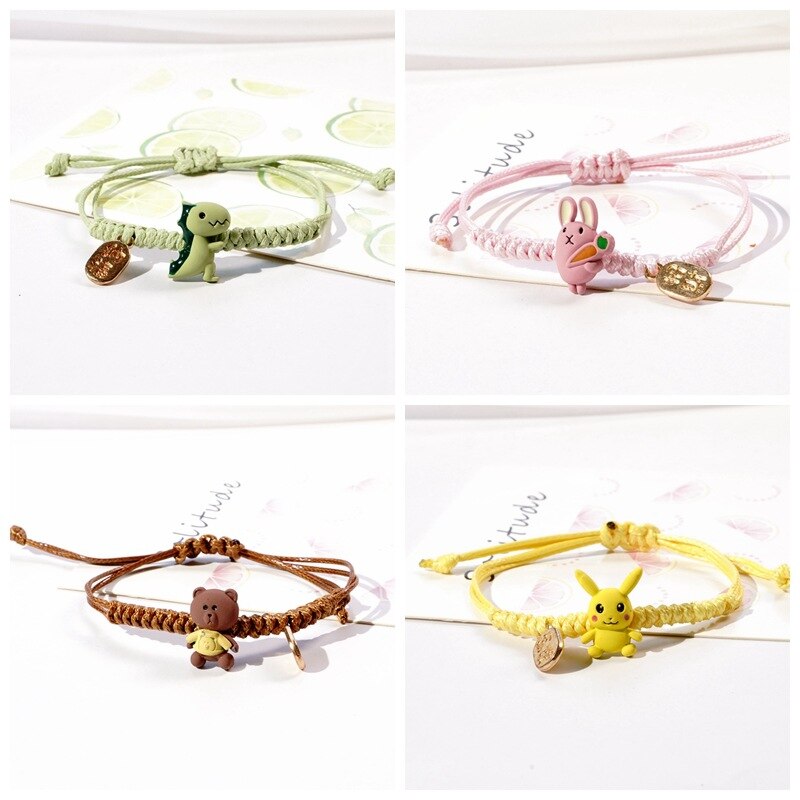 Cute Animal Children Bracelet Bikachu Dinosaur Rabbit Brown Bear Hand-Woven Rope Bracelet Adjustable Bracelet for Women