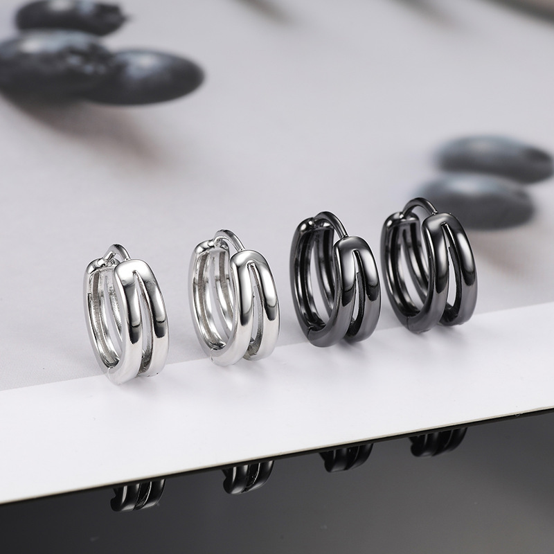 1 Pair Hollow Double Ring Small Hoop Earrings For Men Women Trend Black Silver-color Hip Hop Party Gothic Ear Jewelry
