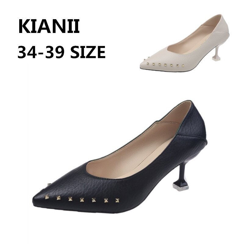 Kianii 6.5cm hoge hakken voor dames met klinknagels, ondiepe feestschoenen, dunne pumps in 34-39 maten, zachte pu-schoenen met puntige neus en instaphak