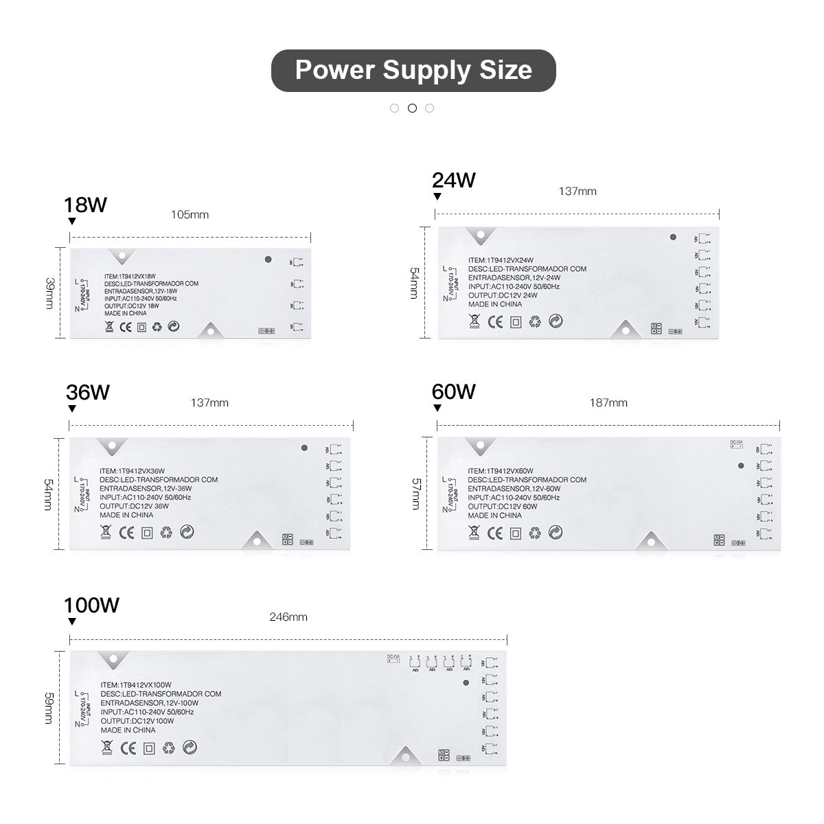 AC110V 220V to DC 12V Lighting Transformer LED Cabinet Light Strip 4/6/10 Dupont Port 18W 24W 36W 60W 100W Power Supply Adapter
