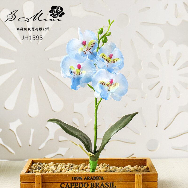 Fleurs d'orchidées papillons artificielles, 3/4/5 têtes, pour décorer la maison et le jardin, ornement de chambre à coucher de bureau, Table de bureau, bonsaï: 4Heads Light Blue