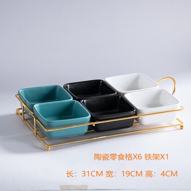 Ceramic Food Tray Dessert Serving Cake Trays Decorative with Iron Stand Kitchen Grid Nut Snack Candy Organized Decoration Trays: mixed colour6