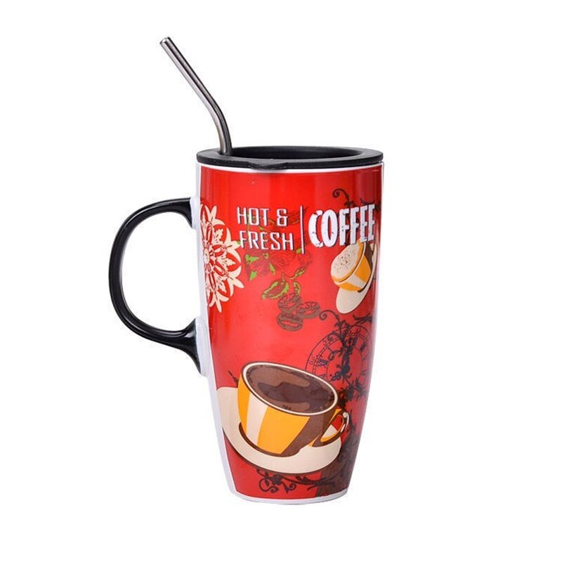 Fall Cute Cartoon Ceramic Coffee Milk Mug Mugs Breakfast Cereal Juice Red Tea Cup Student Friend Office Straw Cups