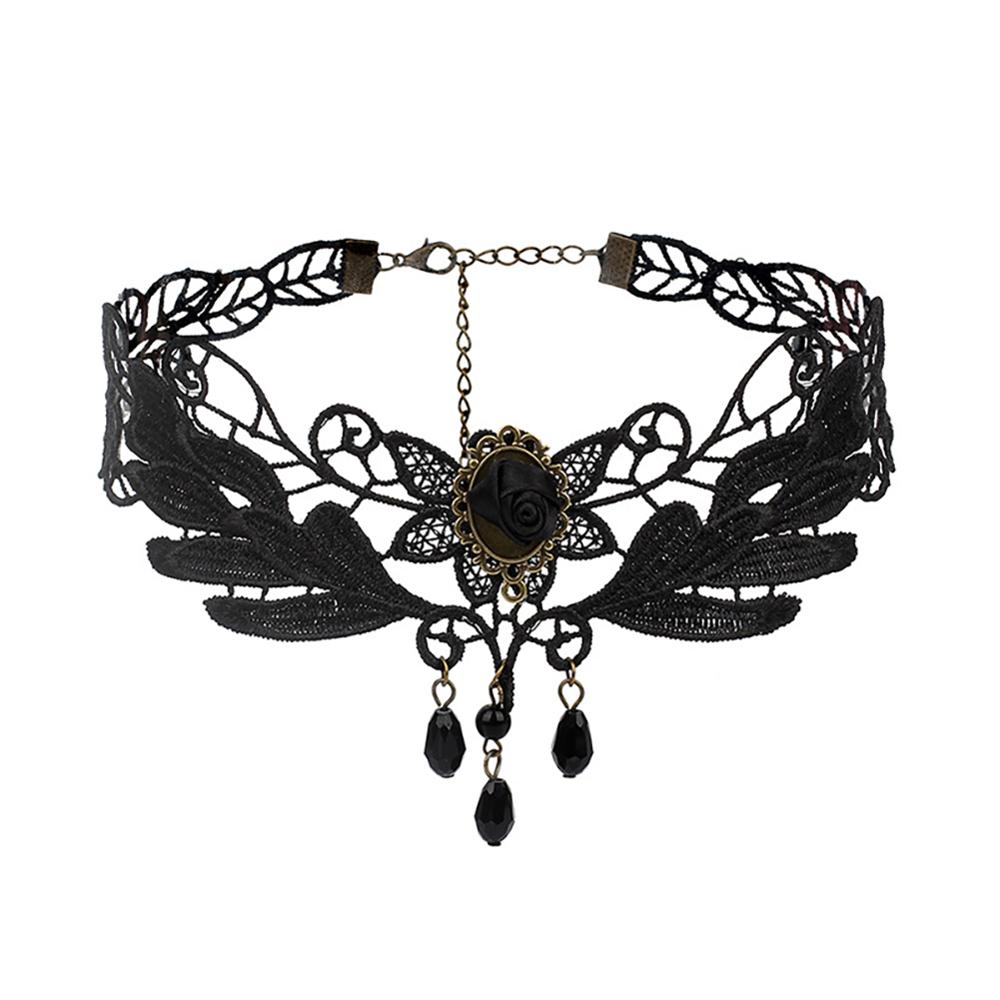 Gothic Lolita Black Lace Korte Keten Choker Sexy Kwasten Ketting Hollow Out Big Rose Flower Punk Handgemaakte Bruiloft Sieraden
