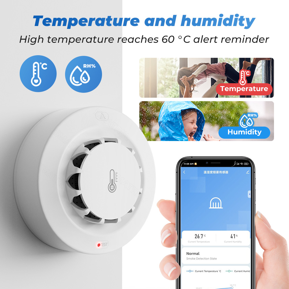 Tuya Wifi capteur de fumée alarme 80DB détecteur intelligent de température et d'humidité d'incendie Protection de sécurité Alexa Google Home vie intelligente