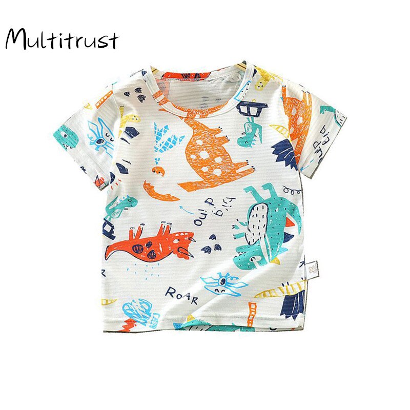 Haut d'été en coton à manches courtes pour petits enfants, motif dessin animé mignon de voiture ou de dinosaure, haut ample à col rond, vêtements sauvages