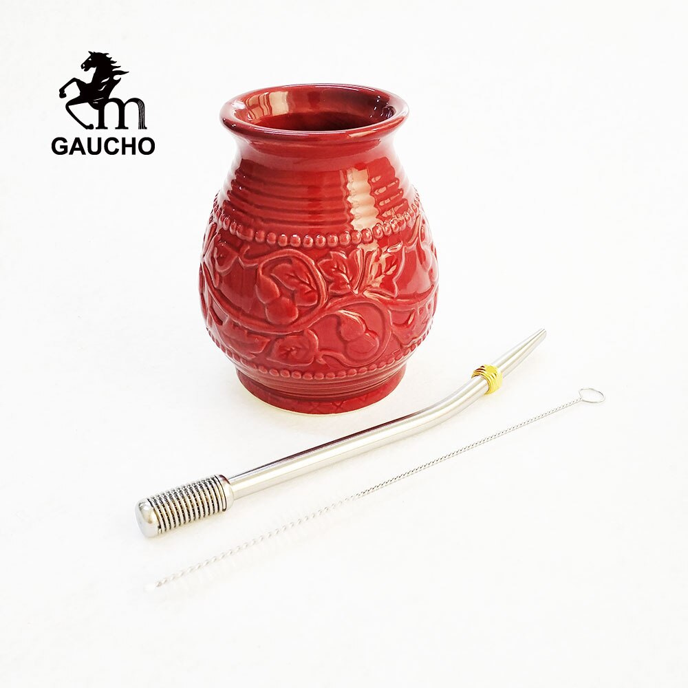 1 set/lot gaucho yerba mate kalebass kalebasser 250 ml keramiska koppar med rostfritt bombilla sugrör och rengöringsborste