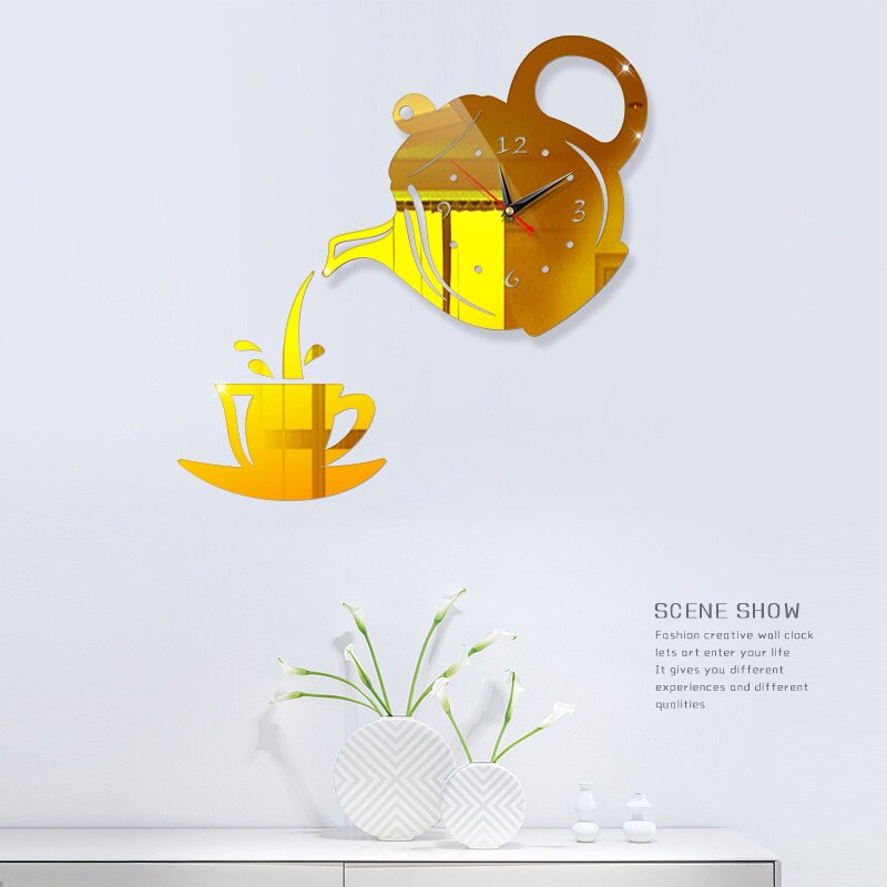 DIY Acrylic Coffee Cup Teapot 3D DIY Wall Clock Decorative Kitchen Wall Clocks Living Room Dining Room Home Decor Clock: dark gold