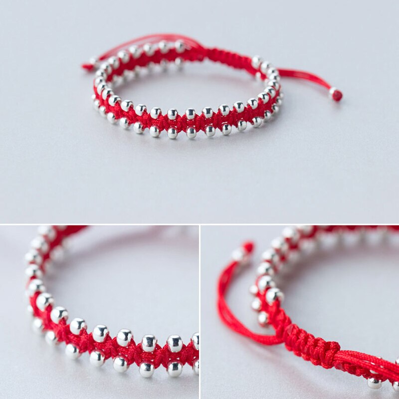 La monada tecer fio vermelho para a mão 925 prata esterlina pulseira fio vermelho corda pulseiras para mulher prata 925 grânulo