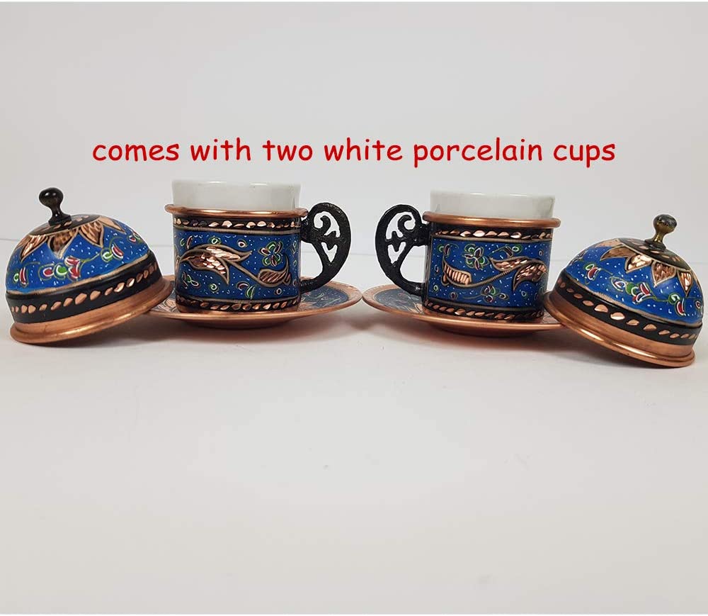 (sæt  of 2)  tyrkisk græsk arabisk marokkansk kaffe espressokopper sæt  of 2 og underkopper med låg og kobberholder håndtag demitasse v