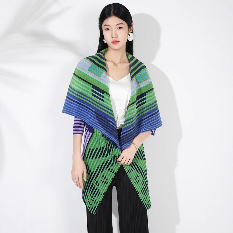 Geplooide bedrukte mode casual buitenponcho Miyake grote revers vest middellange sjaal tops zonbeschermende kleding