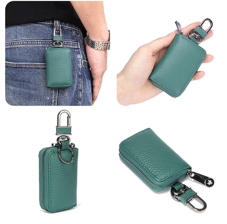 Bolso pequeño para llaves para hombre y mujer, Cartera de cuero auténtico, organizador de llaves, cartera de la llave del coche: Green