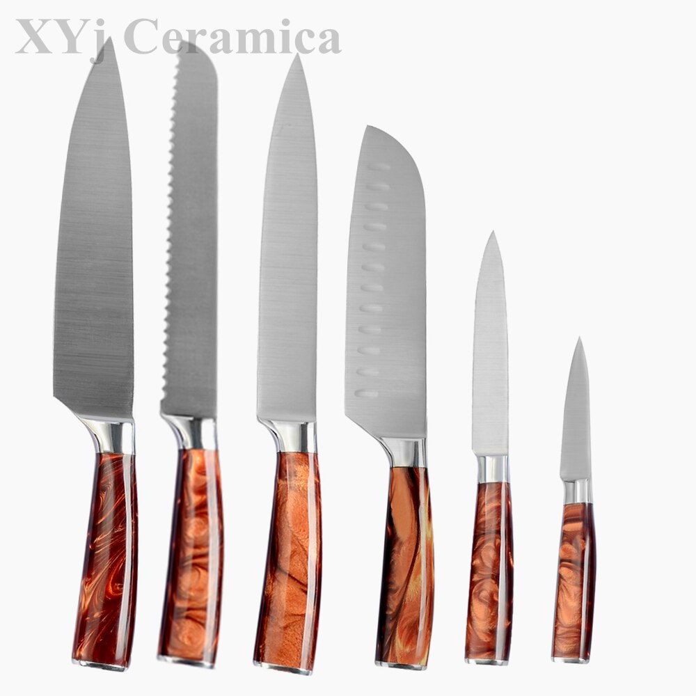 XYj Stainless Steel Kitchen Tool Set 8'' Chef Bread Slicing 7'' Chopping Santoku Knifes 5'' Utility Santoku 3.5'' Paring Slicer: A 6pcs set