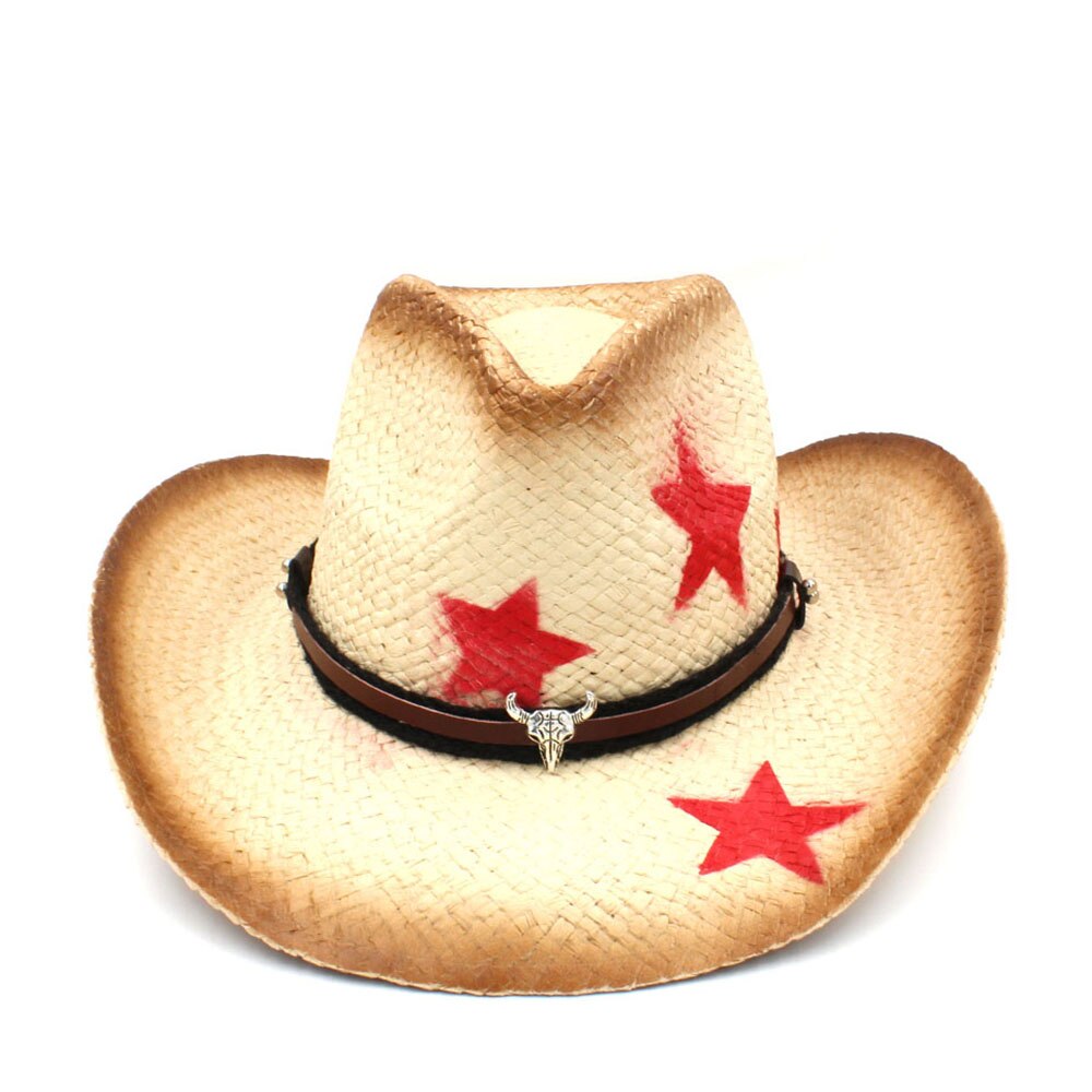 Frauen Männer Straw Western Cowboy Hut Mit Punk Blätter Band Stern Dame Dad Sombrero Hombre Cowgirl Jazz Kappen Größe 58CM: C6 CAU