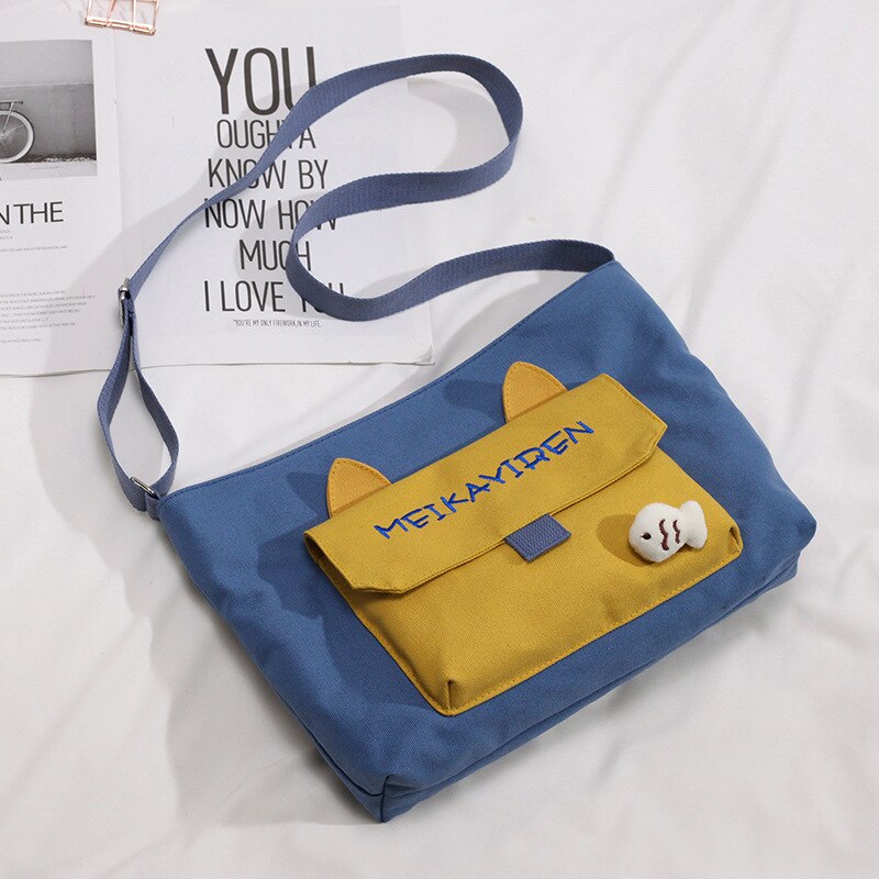 Koreaanse stijl ins canvas messenger bag dames studenten veelzijdige schoudertas schattige zachte meisjes messenger bag: Blauw