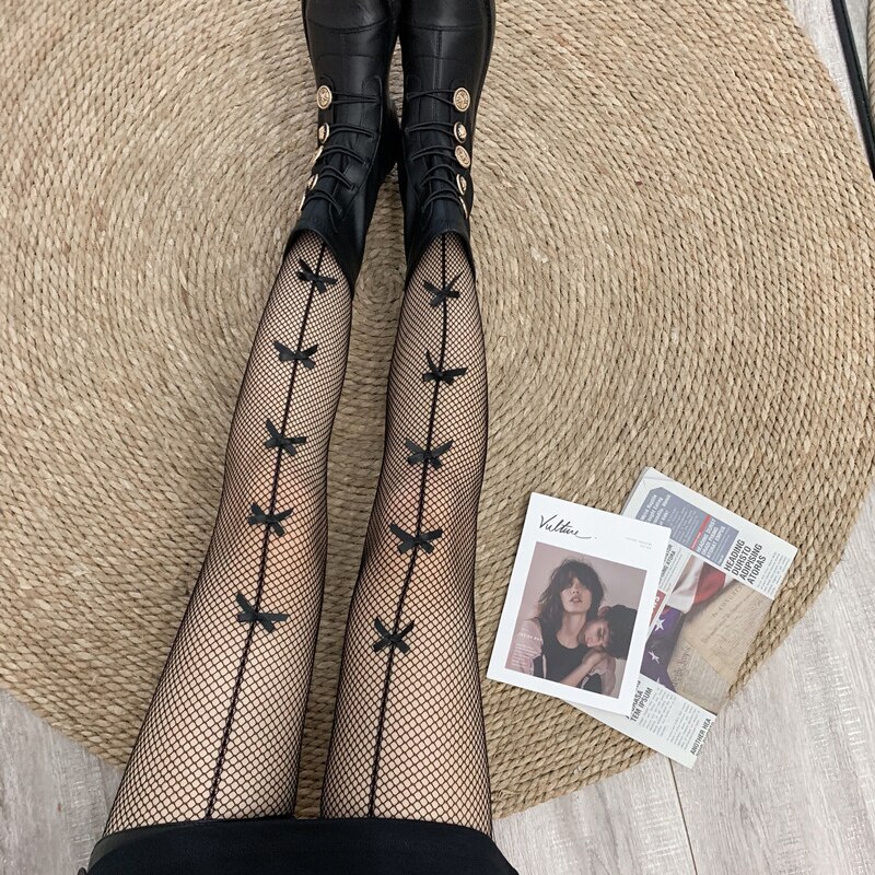 Sexy Bow Fishnet Tights Women Thin Hollow Out Nylon Stockings Female Lingerie Club Party Hosiery Slim Stockings