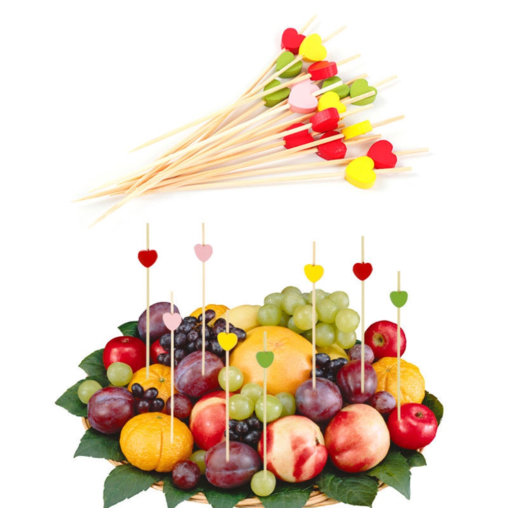 100 pièces 12cm jetable bambou coeur brochette fruits Dessert gâteau signe Cocktail choisir mignon nourriture bâton Buffet décoration de gâteaux fête