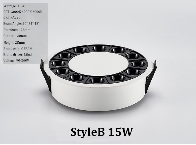 Recessed LED Linear Light High CRI Round LED Grille Spotlight Anti-glare Ceiling Downlight for Bedroom Hotel: Main Body 15W / Cool White 6000K