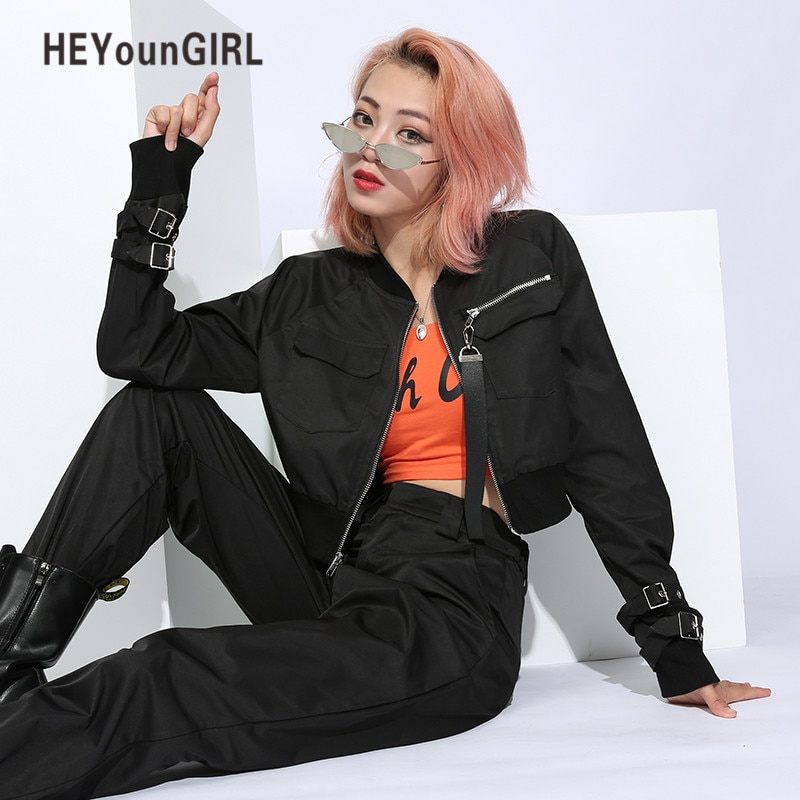 HEYounGIRL Streetwear Schwarz Bomber Jacke Harajuku Crop Mäntel und Jacken Frauen Herbst Punk Kühle Weibliche Jacke Koreanische Stil