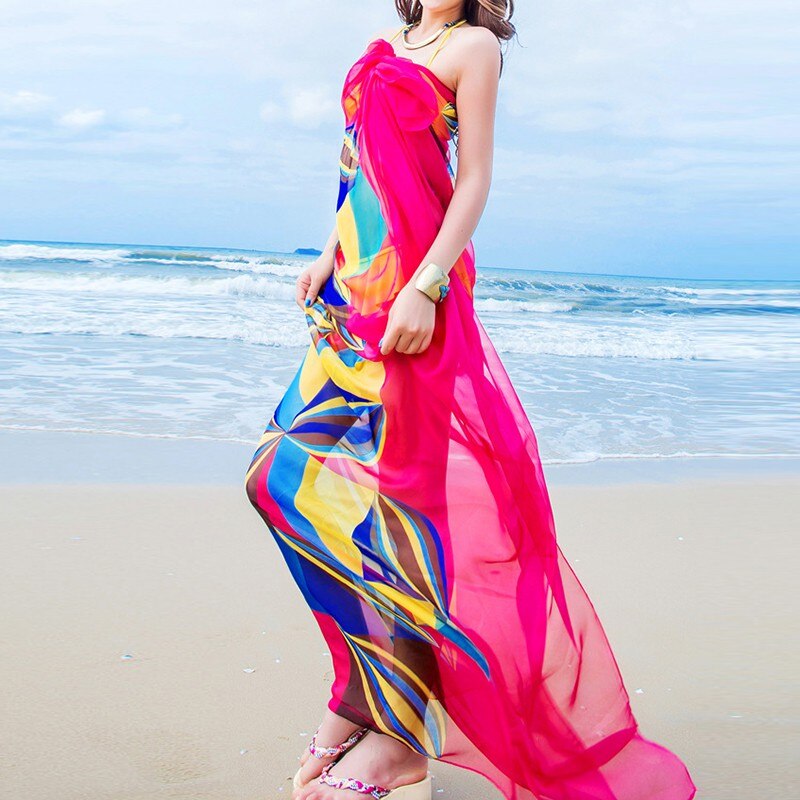 Dames chiffon strand sjaals dames zomer bloemen bikini cover up strandkleding warp: Rood