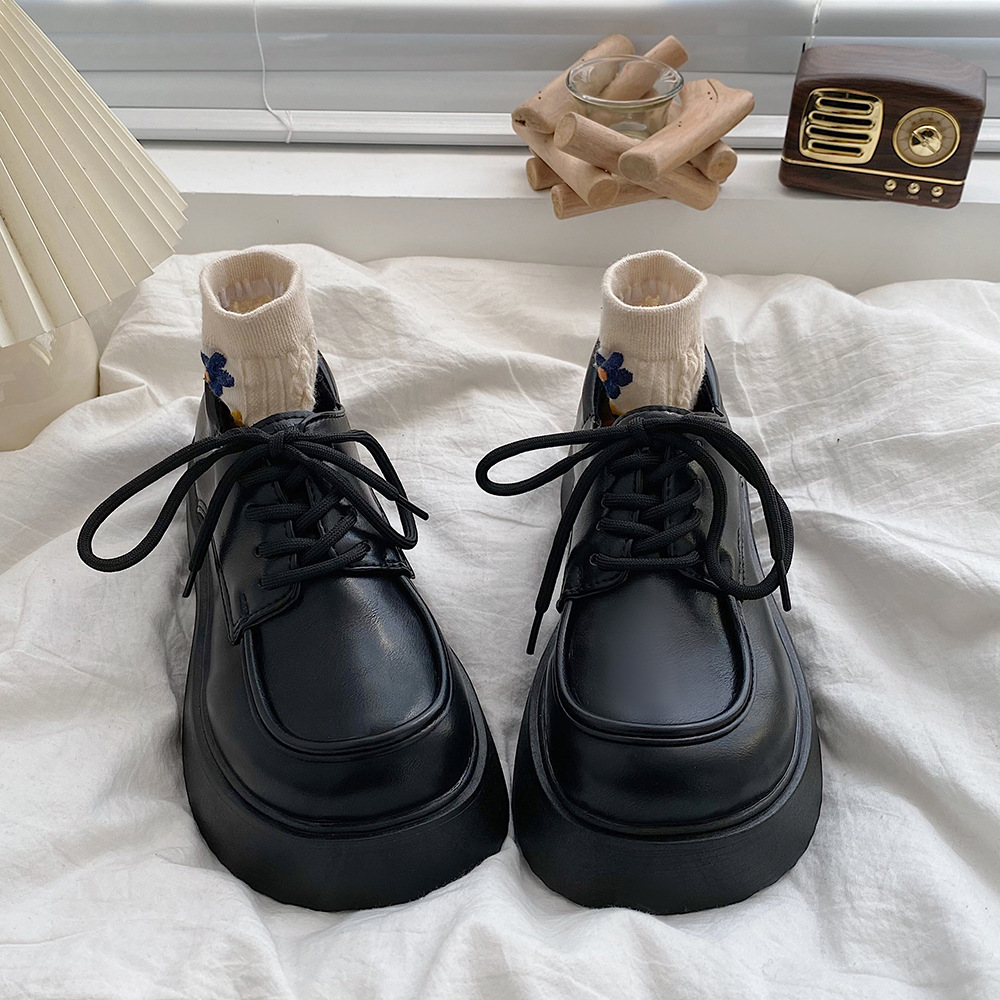 Womens Derby Shoes Autumn British Style Female Footwear Loafers With Fur Round Toe Clogs Platform Casual Sneaker Leather Fall Pr