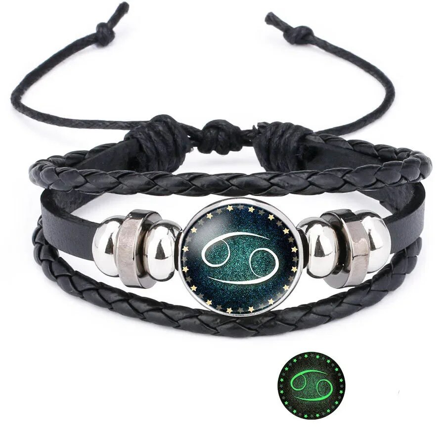 Pulsera luminosa de piedras preciosas artificiales de doce constelaciones; Pulsera tejida de 12 constelaciones de cuero PU con cuerda con cuentas: Marrón rojizo