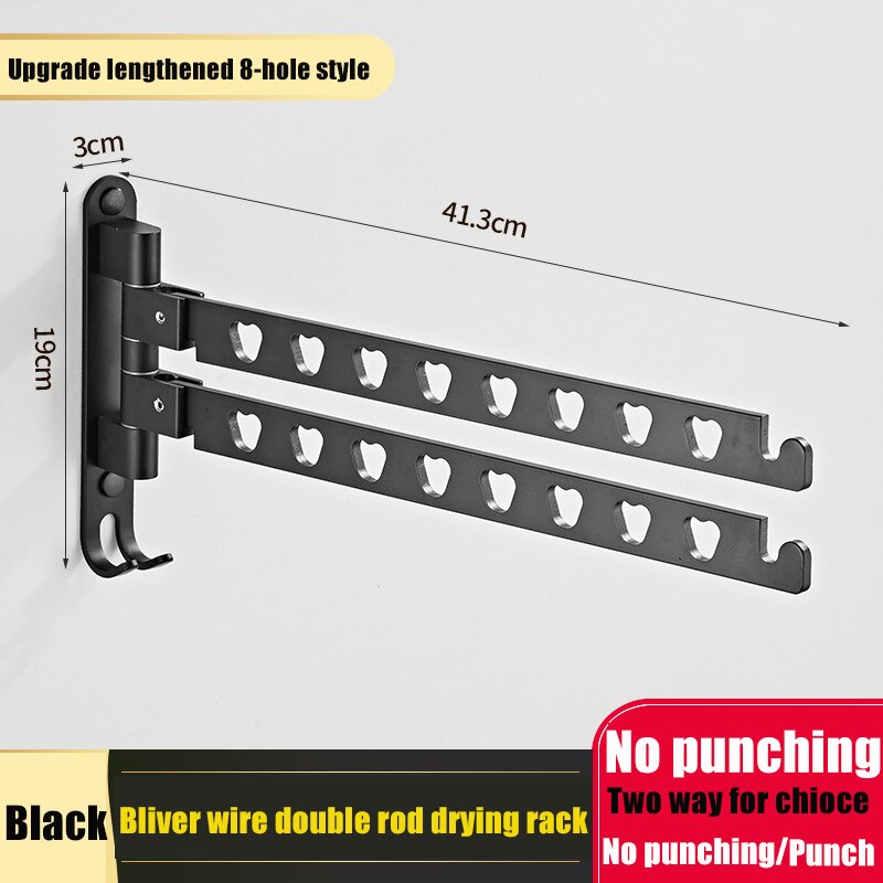 Aluminum Wall Mounted Laundry Clothes Rack Swivel Folding Clothes Hanger Rack Dryer Balcony Drying Rack For Clothes Hanger: Black Double Bar