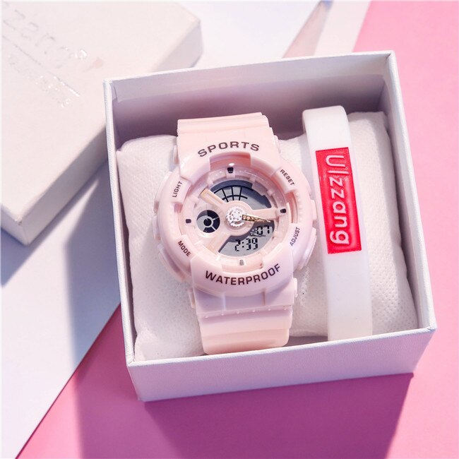 Unieke dameshorloges, wit dames sporthorloge, waterdicht, dual time led digitaal horloge voor meisjes en jongens, trendy: Roze roze