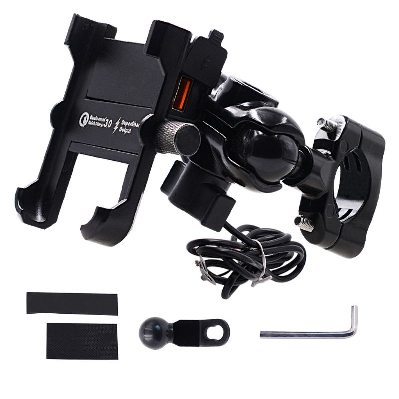 Suporte de celular para motocicleta, suporte de metal impermeável para smartphone com carregador rápido qc 3.0 usb e guidão com espelho para samsung: Preto