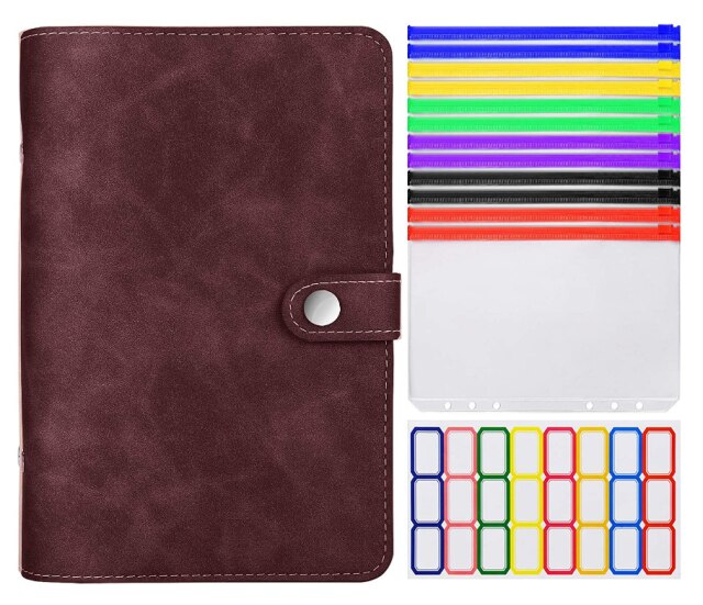 A6 Lederen Bindmiddel Cover Met Plastic Zakken 6 Ring Soft Navulbare Notebook Bindmiddel 12 Gekleurde Clear Rits Envelop Voor Budget: coffee