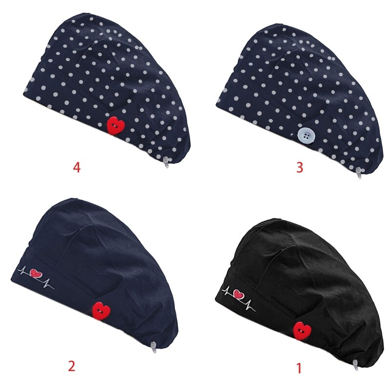 Doctor Nurse Bouffant Hat with Buttons Sweatband Polka Dot Dustproof Working Cap