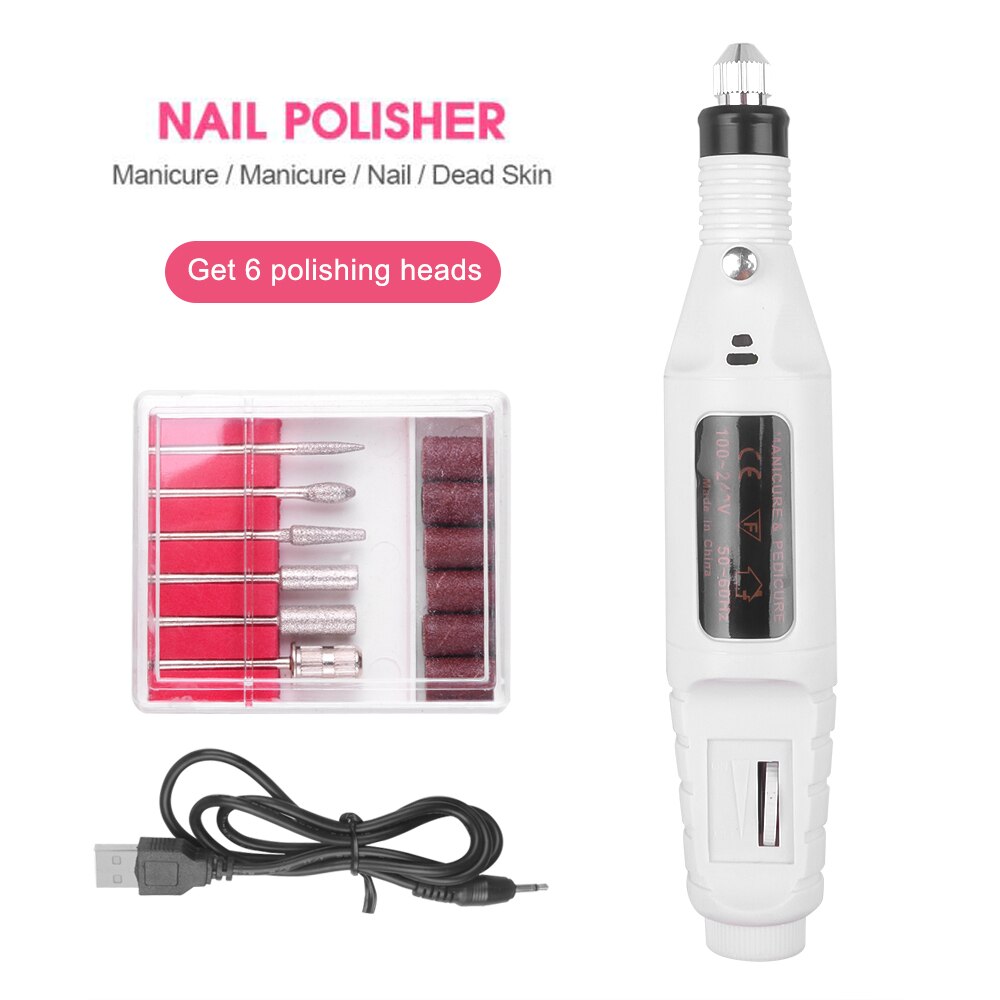 1 sæt power elektrisk manicure maskine pen pedicure neglefil værktøj 6 bits negle boreudstyr: Hvid