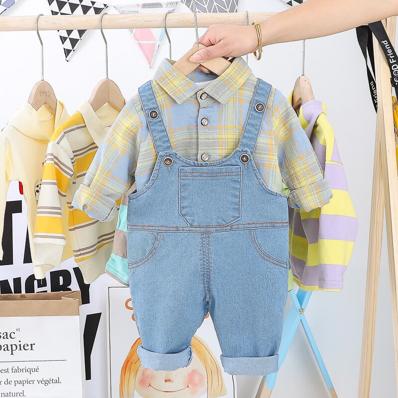 Hylkidhuose Peuter Baby Kleding Sets Lange Mouw Plaid Shirt Bib Jeans Casual Stijl Meisjes Baby Jongens Kleding: Geel / 3T