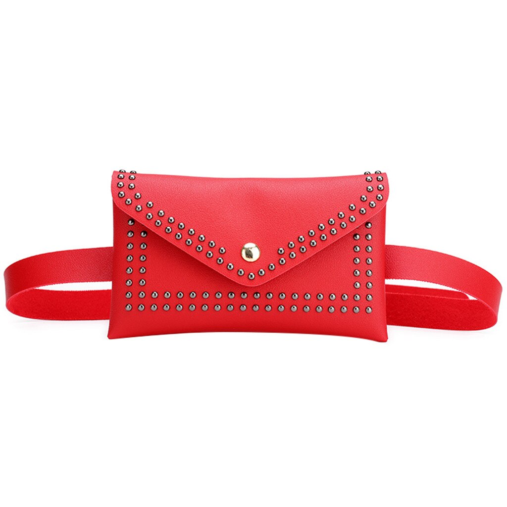 Solid Color Rivets Leather Waist Bag Women Hasp Small Mobile Pouch Chest Pocket Belt Bag Female Crossbody bag fanny pack#LR1: Red