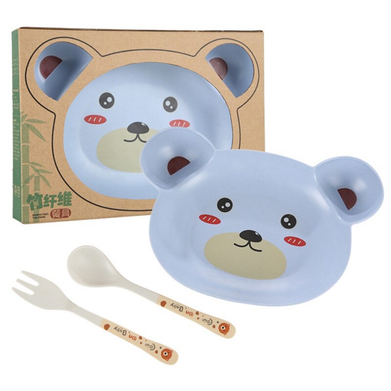 3 Stks/set Milieuvriendelijke Bamboe Fiber Baby Gerechten Animal Bear Servies Set Voor Kids Peuter Servies Voeden Vork Lepel Plaat