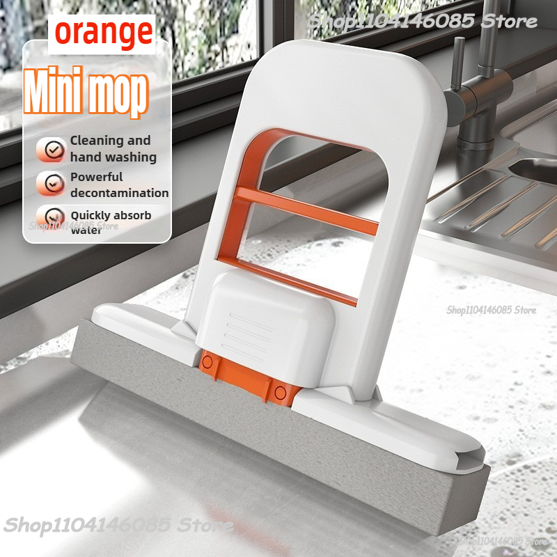 Mini-sponsmop Handvrije wasmoppen Mini draagbare superabsorberende dweil voor desktopvloer Badkamer Keuken Glas Autoreiniging: Oranje