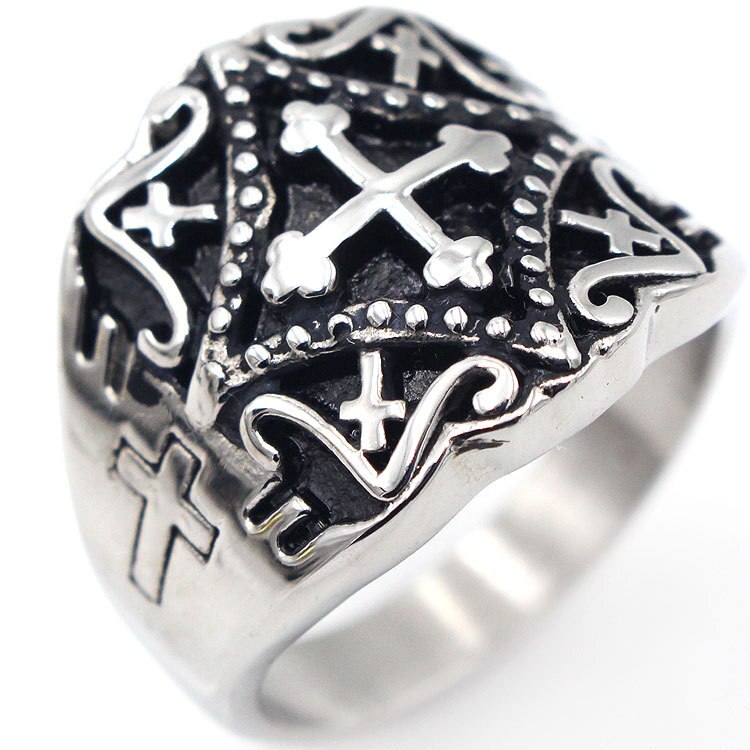 AsJerlya Retro Jesus Cross Ring Men Stainless Steel Cool Biker Ring Jewelry For Women Man Religious Belief Rings Jewelry: 7