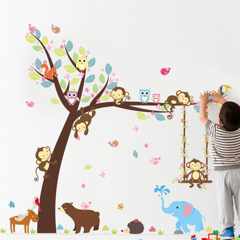 Forest Animals Tree wall stickers for kids room Monkey Bear Jungle wild Children Wall Decal Nursery Bedroom Decor Poster Mural