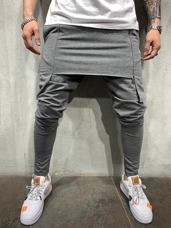 Moomphya rits dubbellaags heren joggingbroeken broek streetwear hiphop harembroek heren lange joggingbroek skinny broek heren: M / Grijs