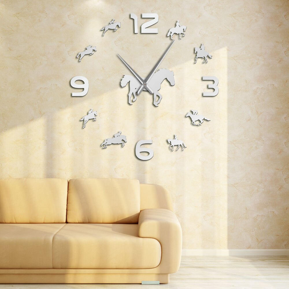 Reit Quarz Uhr Batterie Betrieben Selbst Klebe DIY 3D Wanduhr Reiten Große Nadeln Spiegel Effekt Hause Dekor