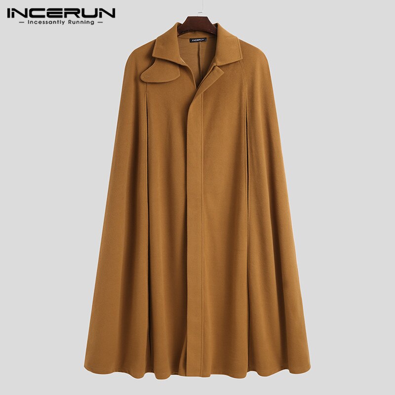 INCERUN Männer Mantel Mäntel Streetwear Lose Einfarbig Stehen Kragen Split Herren Graben Cape Chic Lange Stil Poncho S-5XL