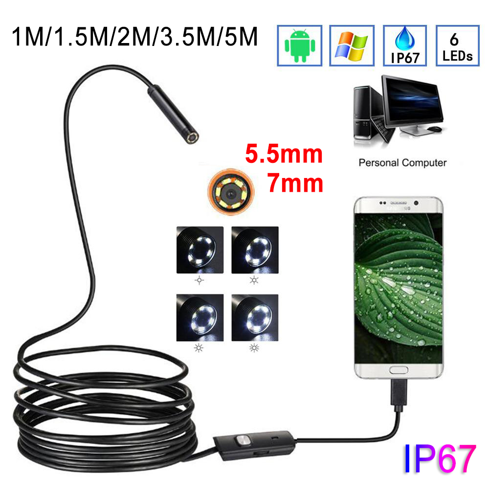 5.5mm 7mm endoscoopcamera 1m/1.5m/2m/3.5m/5m flexibele  ip67 waterdichte inspectie-endoscoopcamera voor android 6 leds verstelbaar