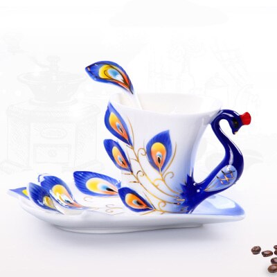 Ensemble de tasses à café paon en porcelaine émaillé 3D, artisanal à la main, avec soucoupe et cuillère, en céramique, tasse à thé et à eau: 230ml / Bleu