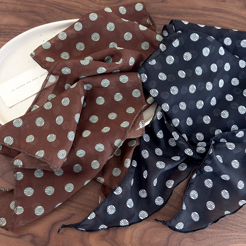 Lenço de seda de bolinhas marrom impresso high-end versátil acessórios pescoço feminino novo bandana amarrado cabelo longo